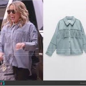 Zara denim shirt featuring fringe detailing and a snap-button front Sz L